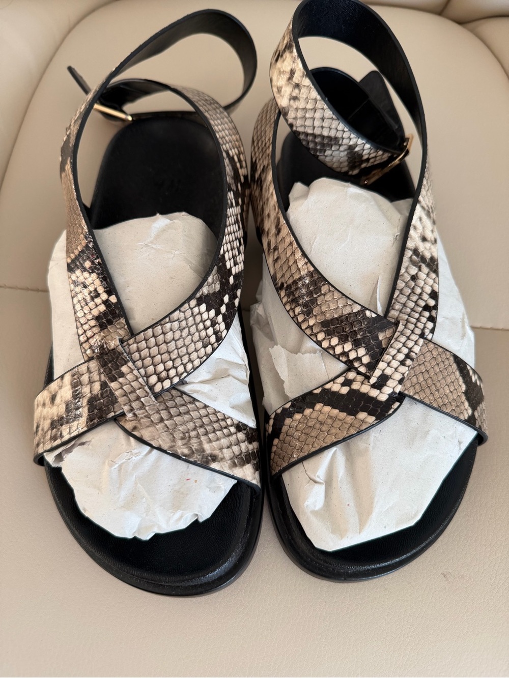 H&M Black and Tan Snakeskin Crisscross Ankle-Strap Sandals